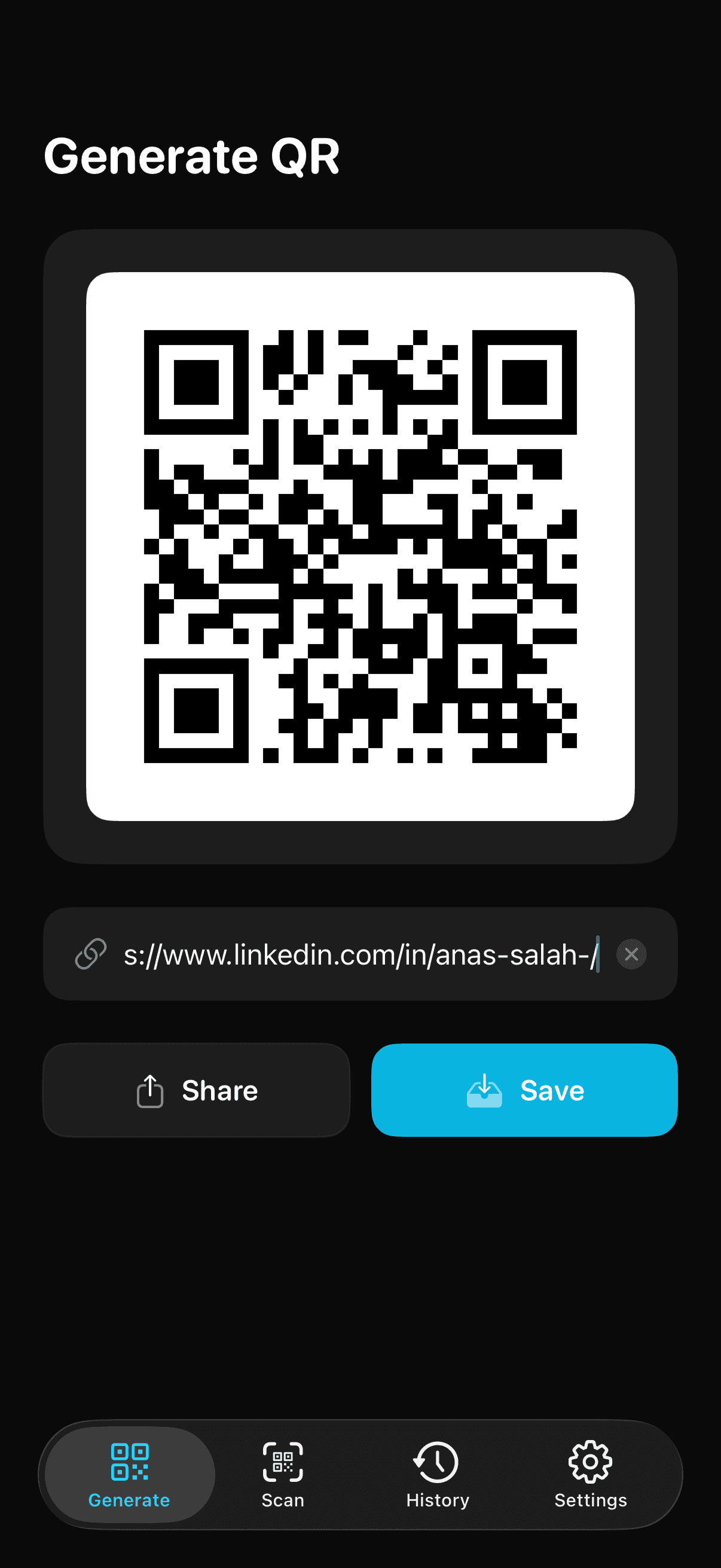 QR Generator main screen showing a generated QR code and history